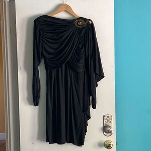 Tadashi Shoji Black Draped Midi Dress with Gold Embellishment